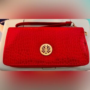 Pink Crocodile Embossed Wallet with Wrist Strap